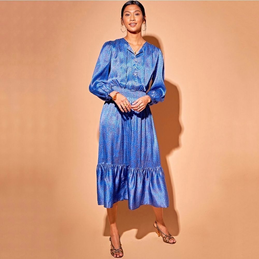 Tucker Juliette Dress Celestial Spots Stretch Charmeuse Silk Midi Ruffles